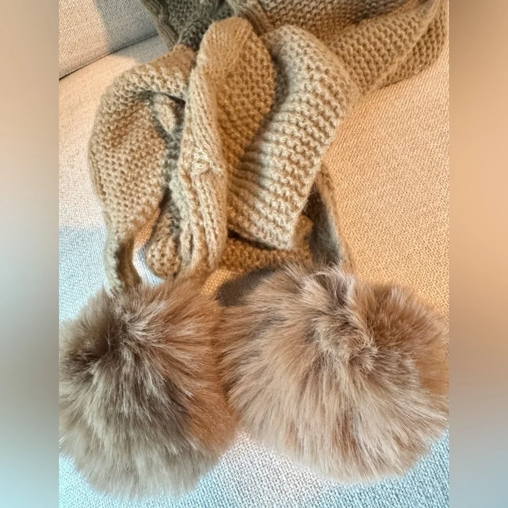 New Cozy Warm Brown Adult Size Cable Knit Hat w/ Scarf & Faux Fur Pom Poms